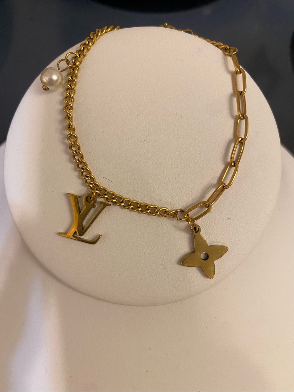 Louis Vuitton Gold-Tone LV & Monogram Flower Bracelet with Pearl Accent